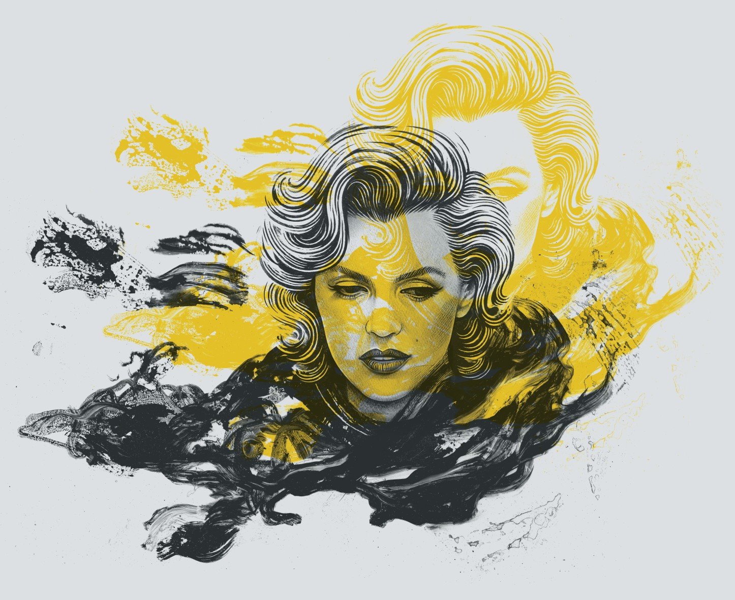 Illustrazione di Mirco Brizi: ritratto di Marilyn Monroe tra pennellate gialle e nere